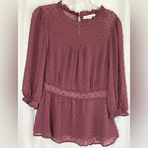 Monteau Swiss Dot Chiffon Long Sleeve Dusty Berry Top Size XL